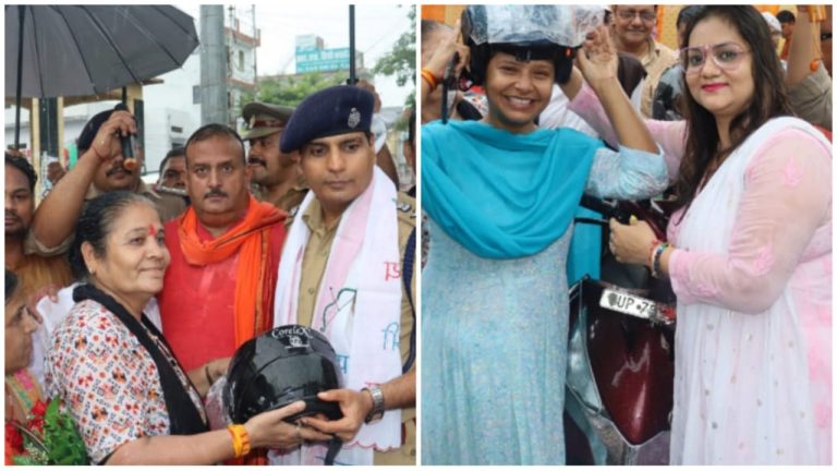 Etawah News: SSP and his wife gave helmets to women