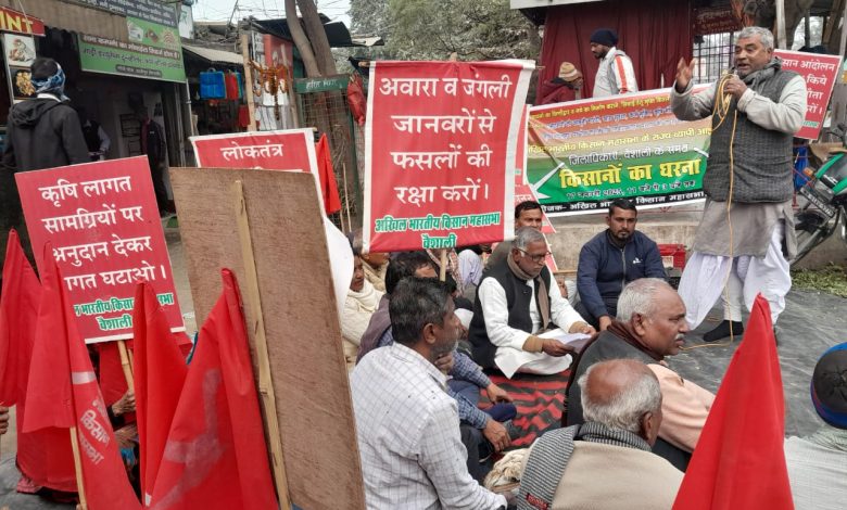 Bihar News: On the statewide call of All India Kisan Mahasabha, a sit-in demonstration was held in front of Vaishali District Headquarters for their demands.