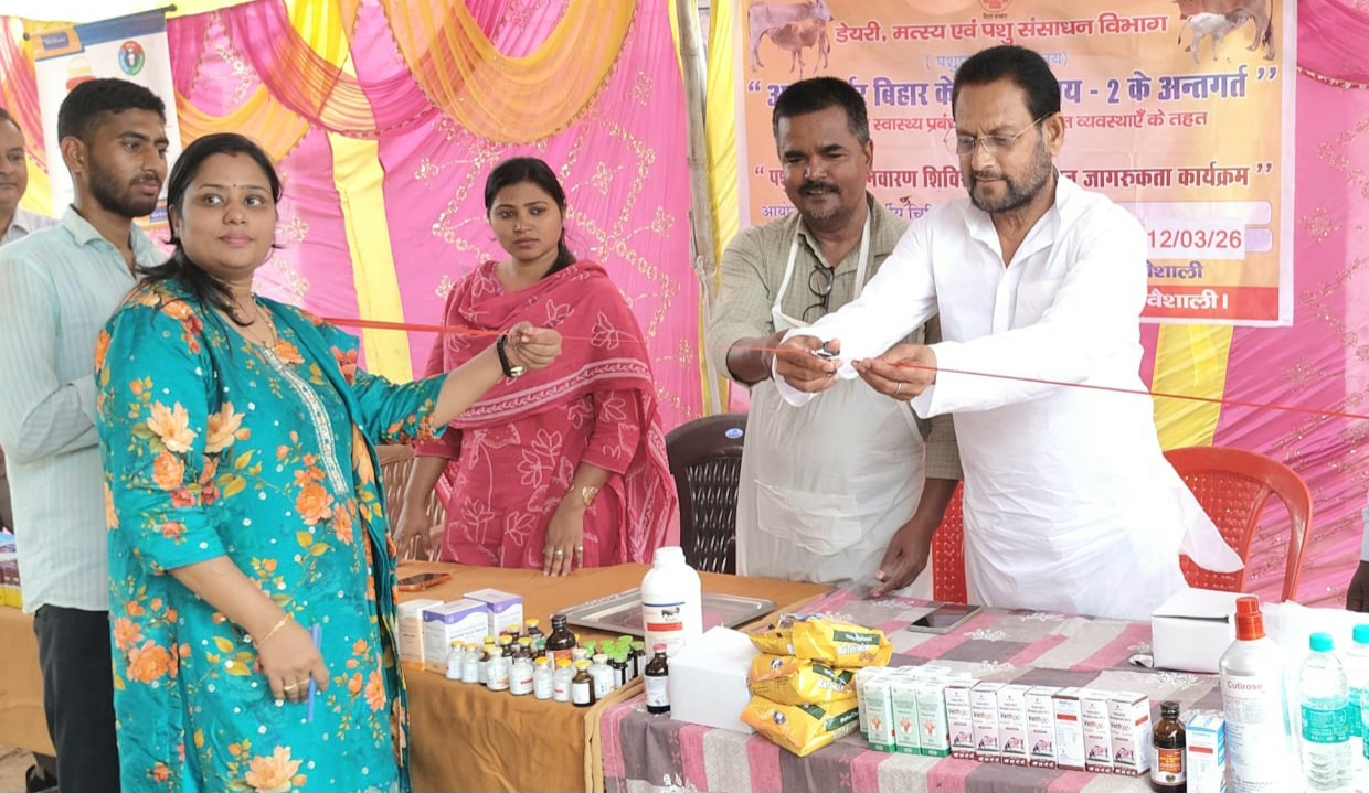 राजापाकर वैशाली में पशु बांझपन निवारण शिविर में पशुओं की जांच करते पशु चिकित्सक